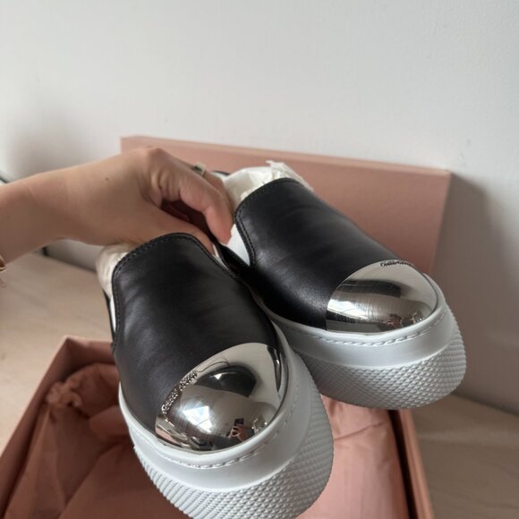NWT Miu Miu Platform Slip-on Sneakers Black Leather Silver Toe Cap Sz 35.5 - Picture 9 of 13